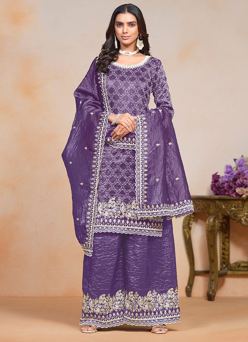 Dazzling Purple Gold Crush Embroidered Sequins Palazzo Suit