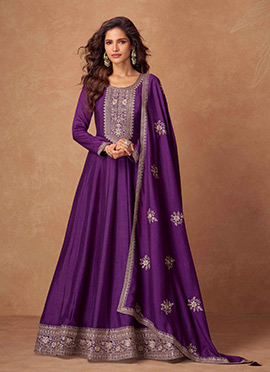 Dazzling Purple Silk Zari Embroidered Sequins A Line Anarkali Suit