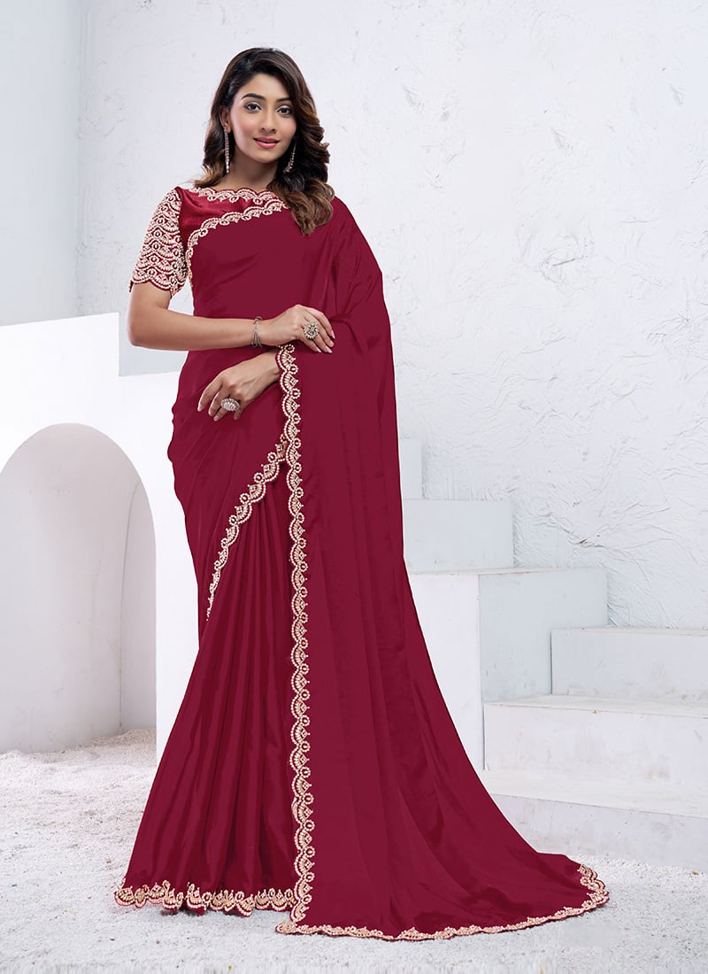 Dazzling Red Crepe Silk Stone And Moti Sequins Saree Wedding Wear