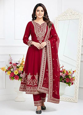 Dazzling Red Georgette Embroidered Sequins Straight Pant Suit