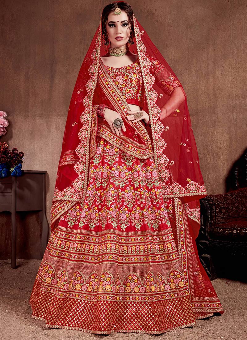 Dazzling Red Mulberry Silk Lehenga With Stone Embossed Embroidered Sequins Wedding Wear