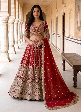 Dazzling Red Net Embroidered Stone And Sequins Embellished Lehenga