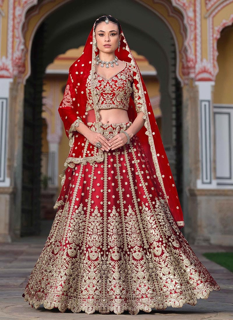 Dazzling Red Net Embroidered Stone And Sequins Embellished Lehenga Wedding Wear-GHSCC48884004