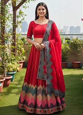 Dazzling Red Taffeta Silk Embroidery Thread Work Umbrella Lehenga