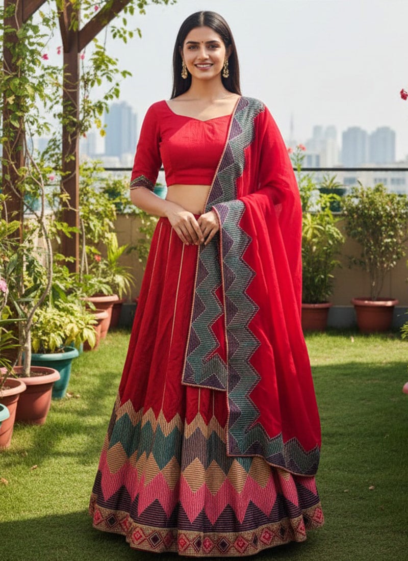 Dazzling Red Taffeta Silk Embroidery Thread Work Umbrella Lehenga After Six Wear