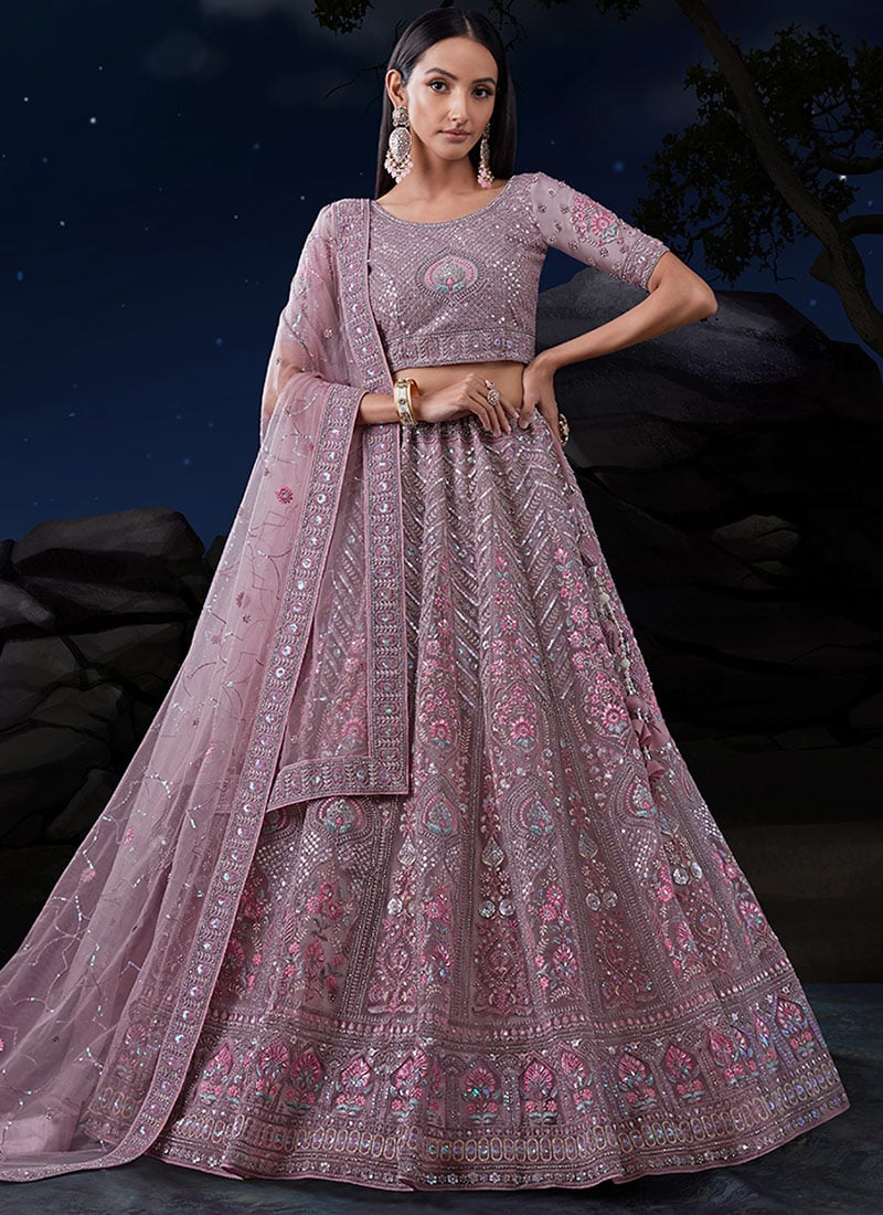 Dazzling Sequins Zarkan Thread Work Net Umbrella Lehenga  Wedding Wear