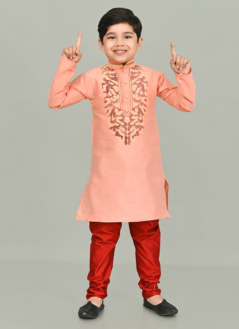 Dazzling Silk Dupion Kids Boys Kurta Pyjama Party Wear