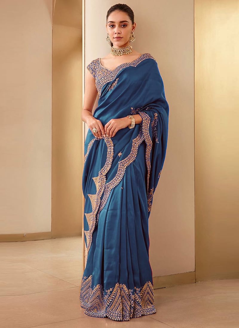 Dazzling Teal Vichitra Silk Gota Embroidered Sequins Saree