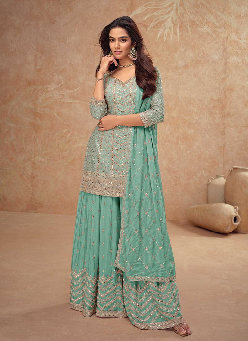Dazzling Turquoise Chinon Zari Embroidered Sequins Palazzo Suit Festive Wear