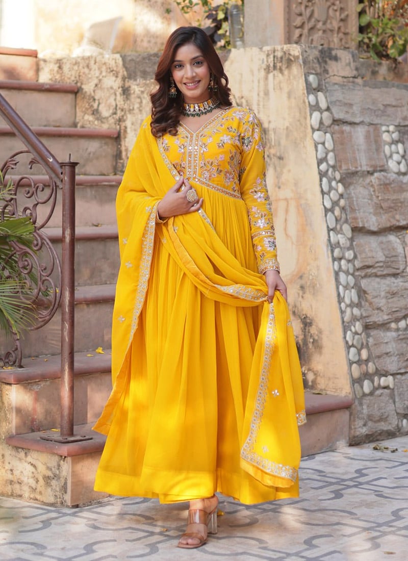 Dazzling Yellow Faux Georgette Embroidered Sequins Anarkali Suit Festive Wear