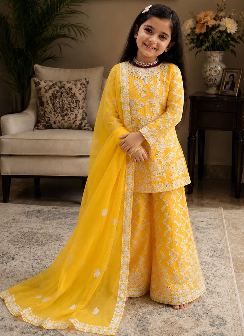 Dazzling Yellow Georgette Hand Work Kids Girls Palazzo Suit