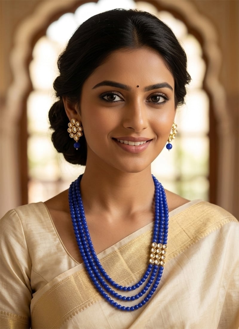 Deep Blue Beaded Kundan Necklace Set After Six Wear