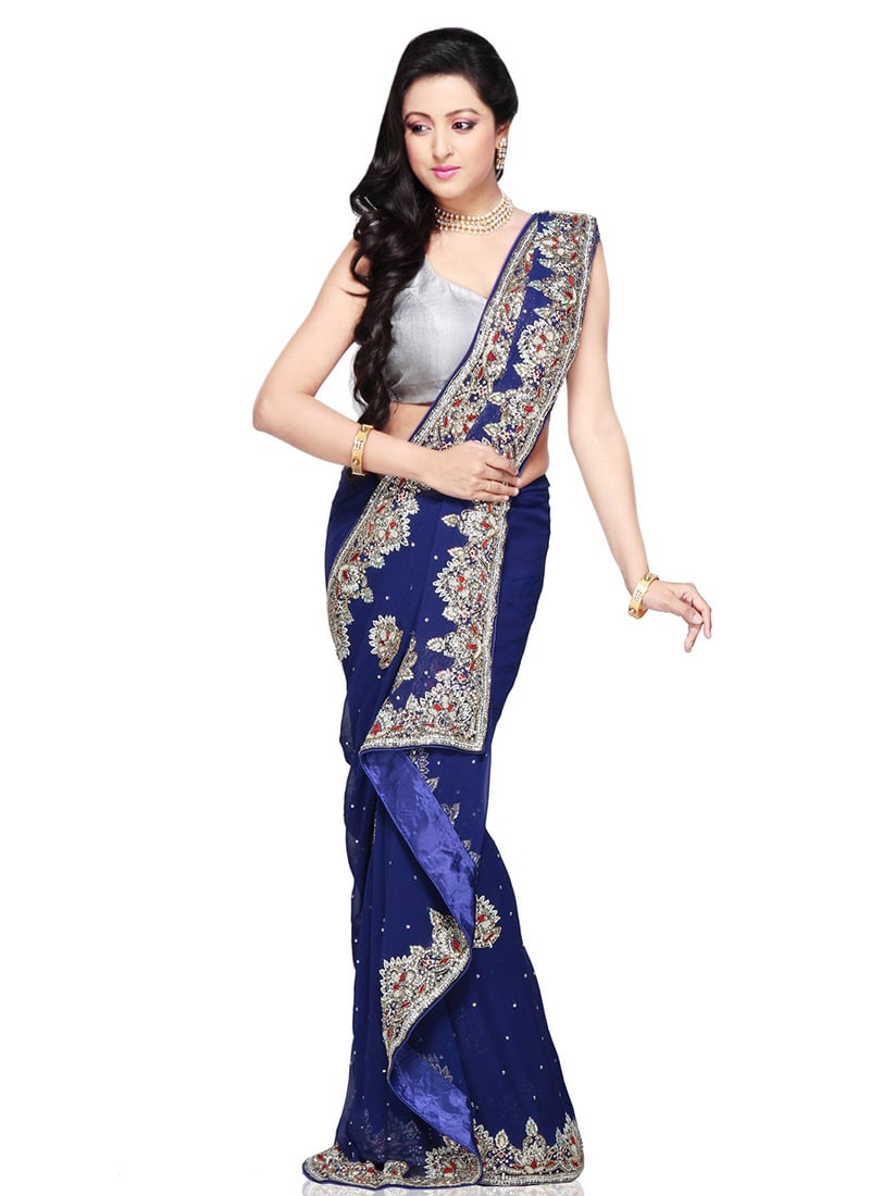 Deep Blue Georgette Crystals Embellished Saree