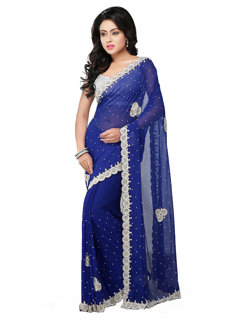 Deep Blue Georgette Embellished Saree Party Wear
