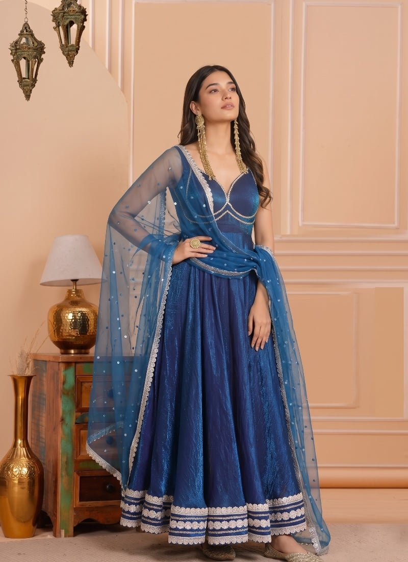 Deep Blue Sequins Embroidered Silk Anarkali Suit After Six Wear