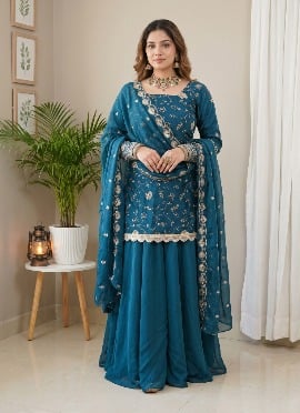 Deep Blue Sequins Embroidered Silk Palazzo Suit