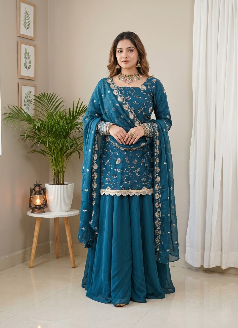 Deep Blue Sequins Embroidered Silk Palazzo Suit After Six Wear