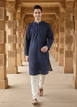 Deep Blue Silk Sequins Kurta Pyjama