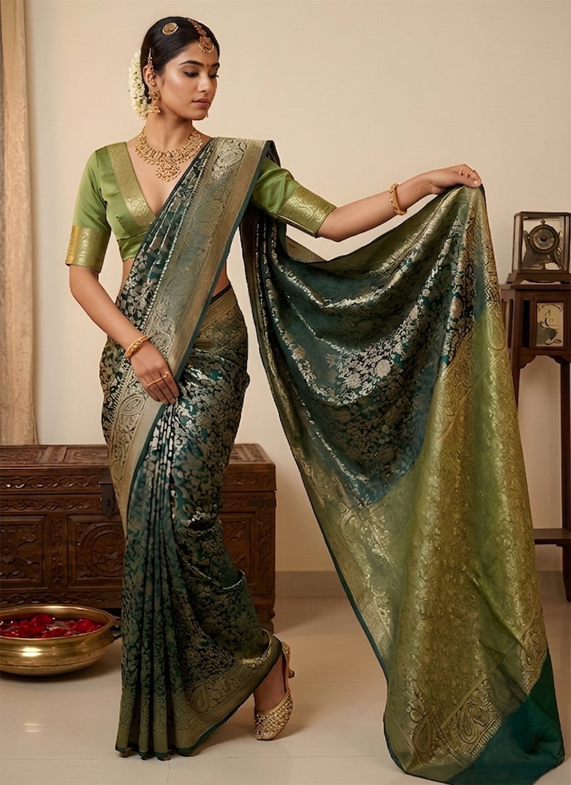 Deep Botle Green Banarasi Silk Zari Saree Festive Wear