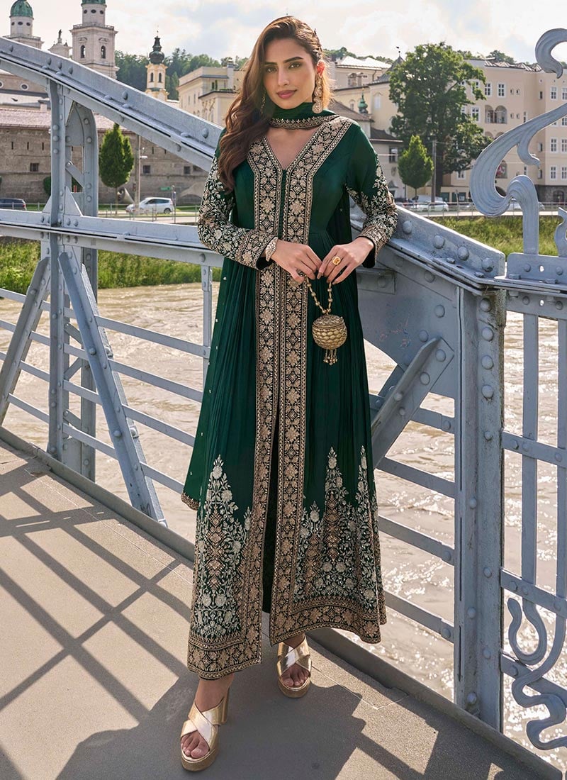 Deep Bottle Green Chinon Silk Zari Embroidered Sequins Thread Straight Pant Suit Festive Wear