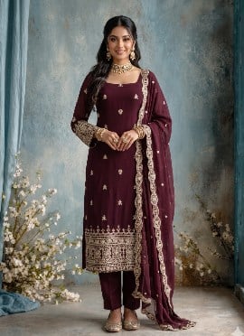 Deep Burgundy Georgette Thread Sequins Embroidered Straight Pant Suit