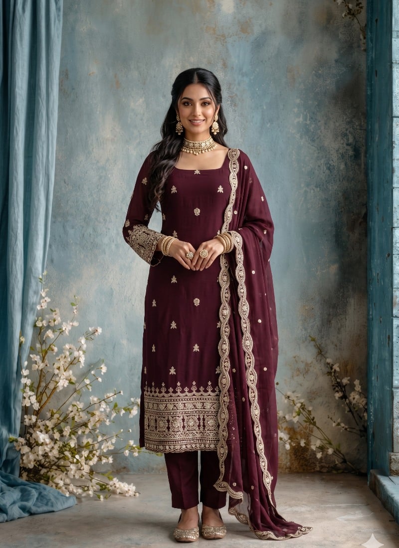 Deep Burgundy Georgette Thread Sequins Embroidered Straight Pant Suit After Six Wear
