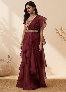 Deep Burgundy Organza Hand Embroidered Sequins With Stone Work Pre Draped Saree