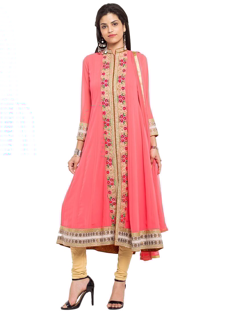Deep Coral Peach Georgette Embroidered Kalidar Suit Party Wear