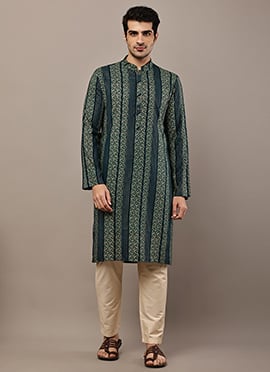 Deep Dark Green Viscose Silk Ethnic Print Zari Thread Kurta Pyjama