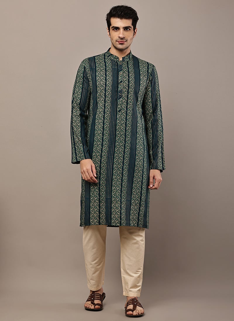 Deep Dark Green Viscose Silk Ethnic Print Zari Thread Kurta Pyjama Festive Wear