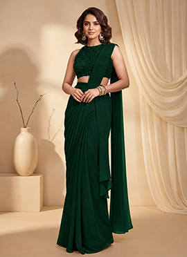 Deep Emerald Green Georgette Beads Sequins Hand Embroidered Pre Draped Saree