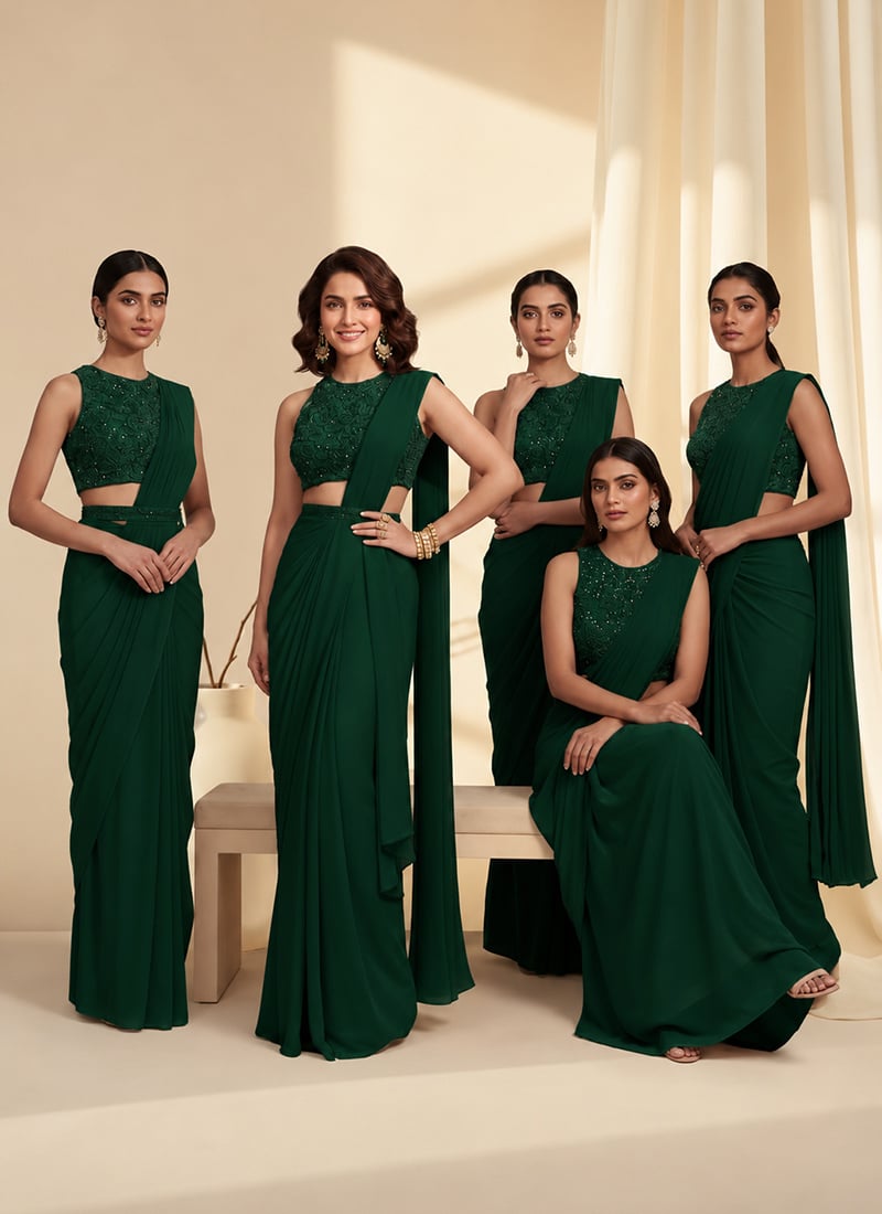 Deep Emerald Green Georgette Beads Sequins Hand Embroidered Pre Draped Saree Festive Wear