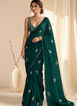 Deep Emerald Green Organza Beads Stones Cutdana Hand Embroidered Saree