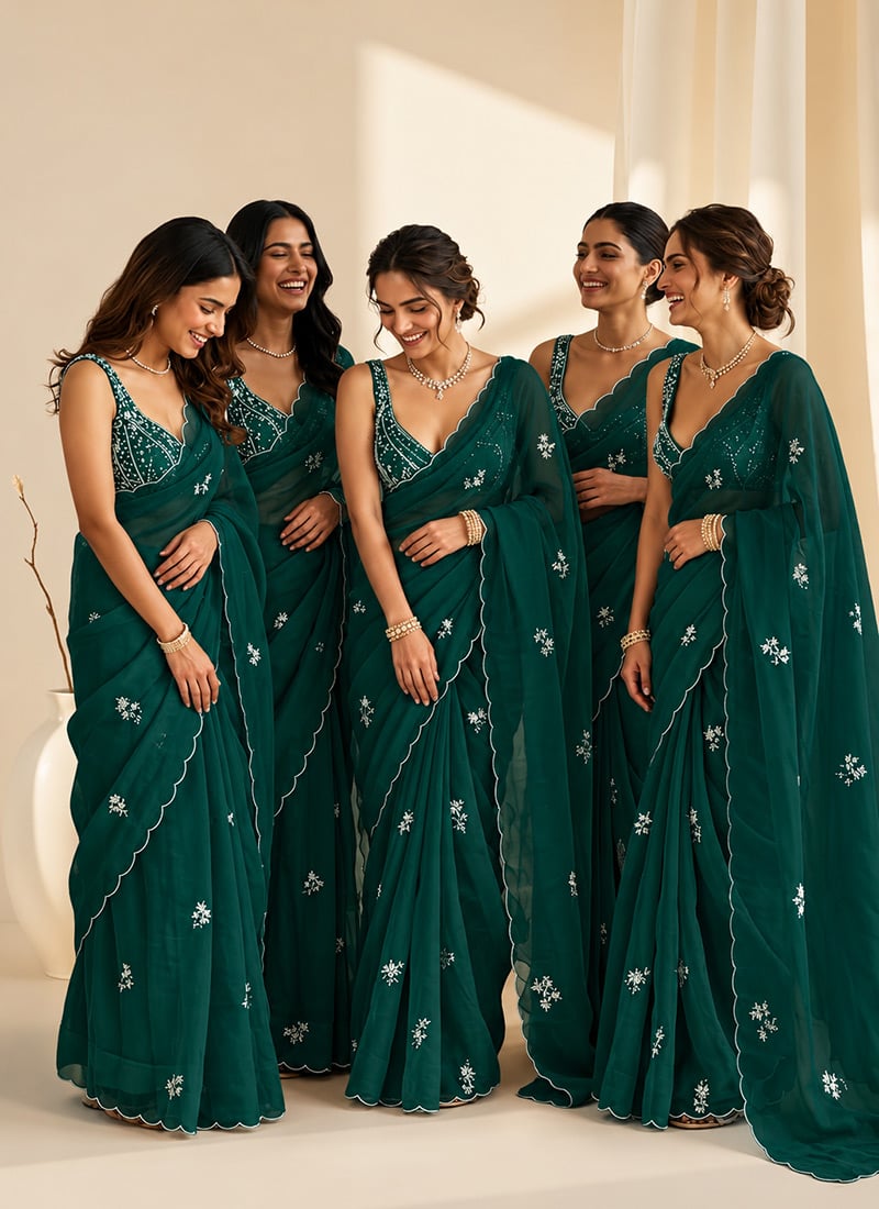 Deep Emerald Green Organza Beads Stones Cutdana Hand Embroidered Saree Festive Wear