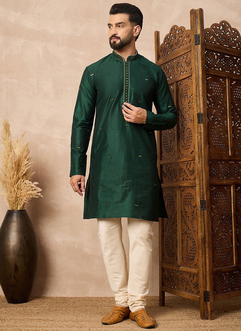 Deep Green Cotton Blend Printed Kurta Pyjama Festive Wear