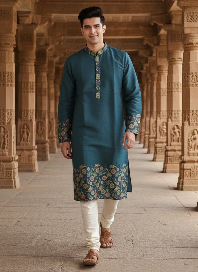 Deep Green Cotton Printed Kurta Pyjama Festive Wear