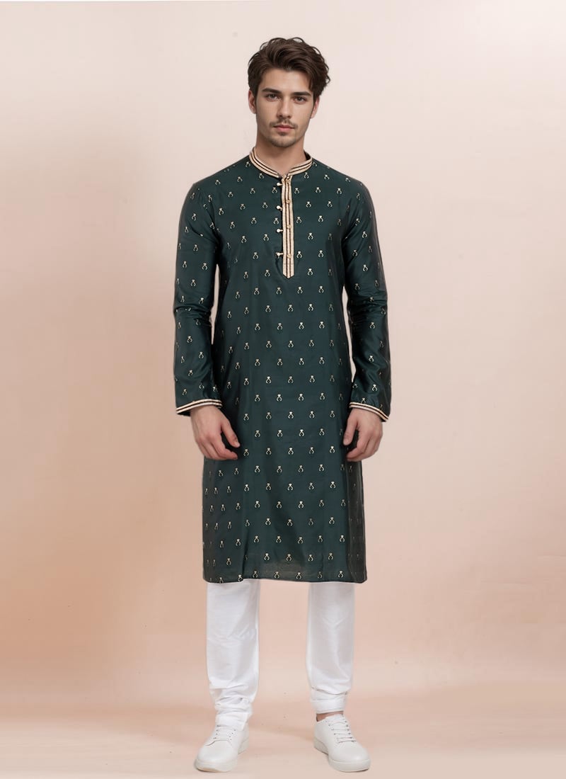 Deep Green Cotton Silk Jacquard Kurta Pyjama Festive Wear
