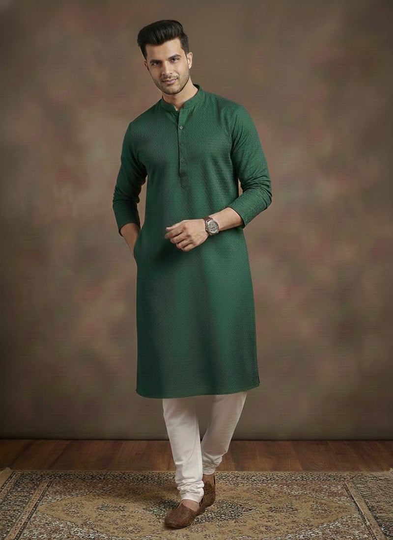 Deep Green Cotton Textured Kurta Pyjama Festive Wear