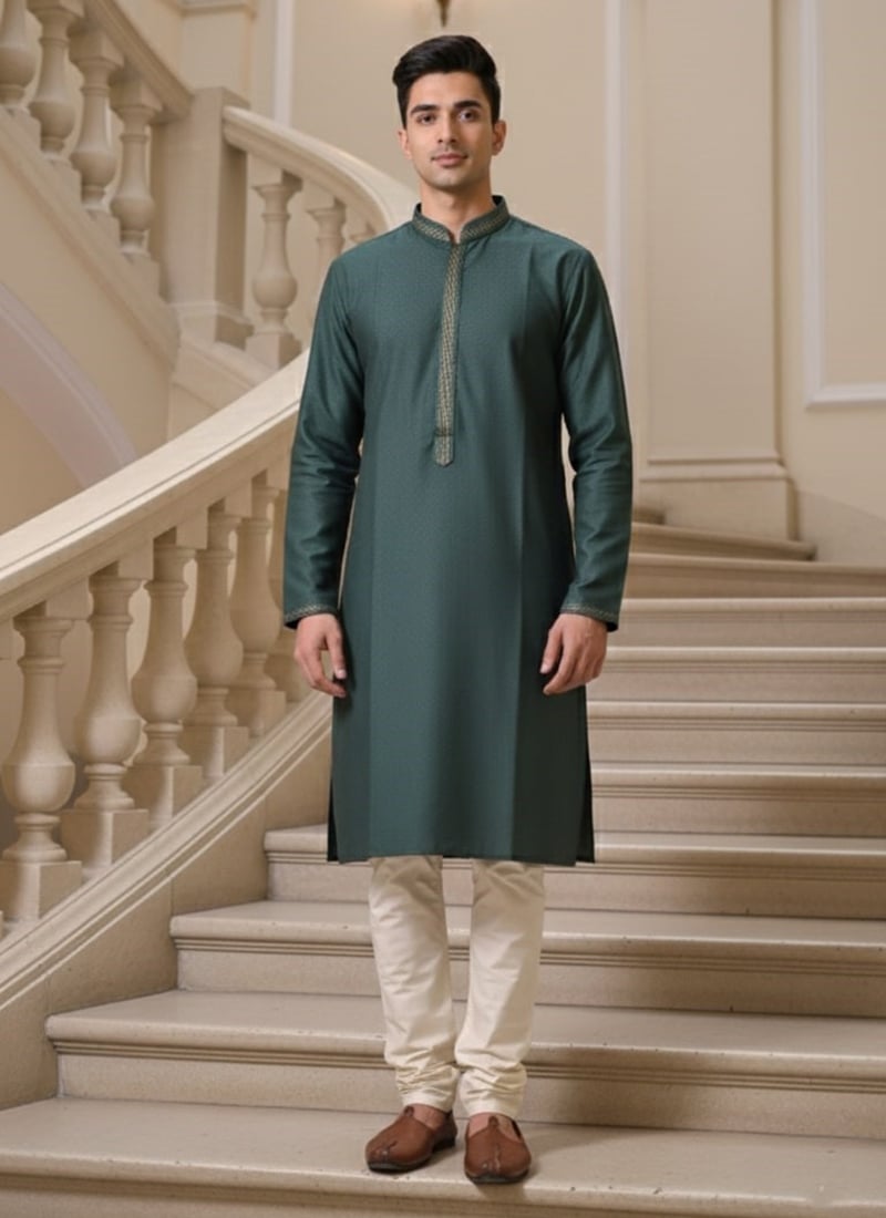 Deep Green Jacquard Embroidered Kurta Pyjama Festive Wear