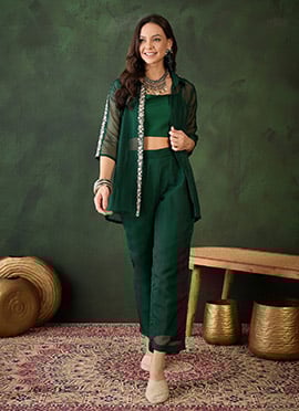 Deep Green Organza Solid Indowestern Jacket