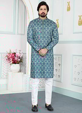 Deep Green Printed Silk Timeless Kurta Pyjama