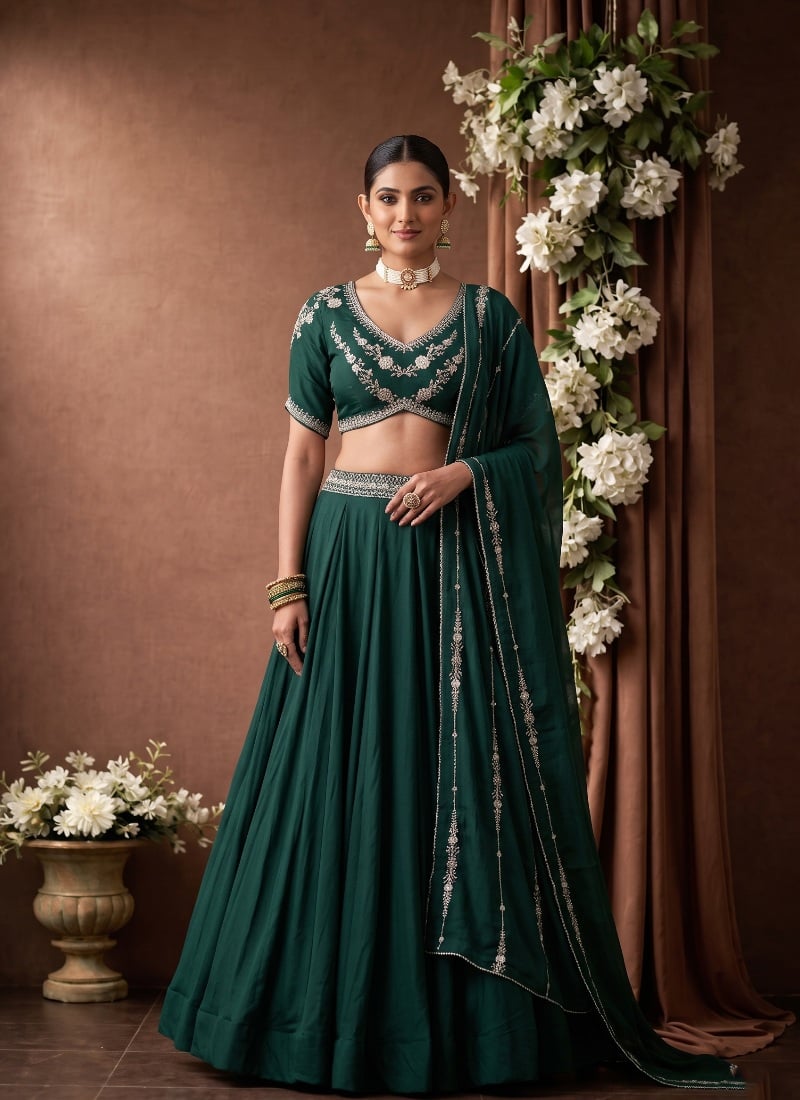 Deep Green Rangoli Crush Sequins Embroidered Lehenga After Six Wear