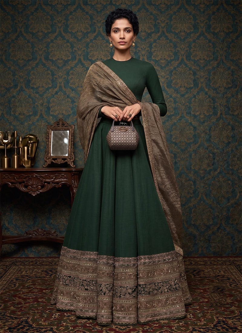 Deep Green Sequins Embroidered Blooming Vichitra Silk Lehenga After Six Wear