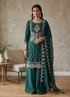 Deep Green Sequins Embroidered Cotton Palazzo Suit