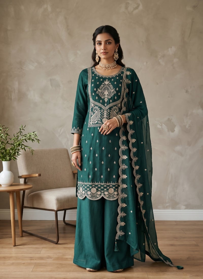 Deep Green Sequins Embroidered Cotton Palazzo Suit After Six Wear