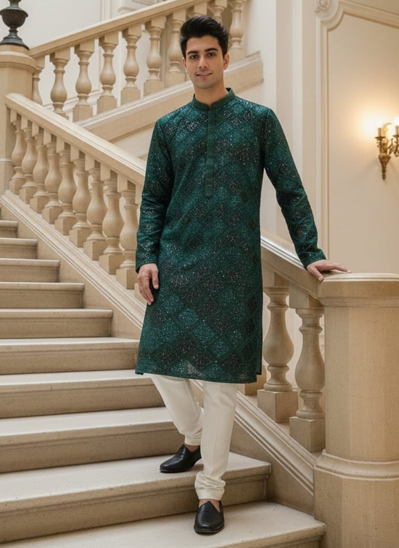 Deep Green Silk Sequins Kurta Pyjama Festive Wear