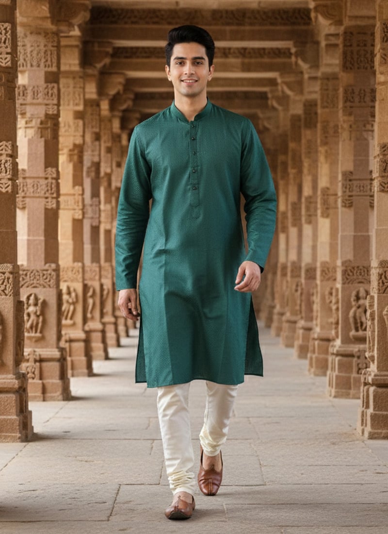 Deep Green Silk Textured Kurta Pyjama Festive Wear