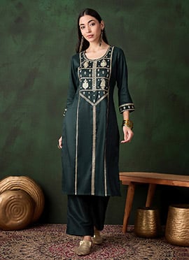 Deep Green Silk Zari Sequins Kurta Straight Pant Set