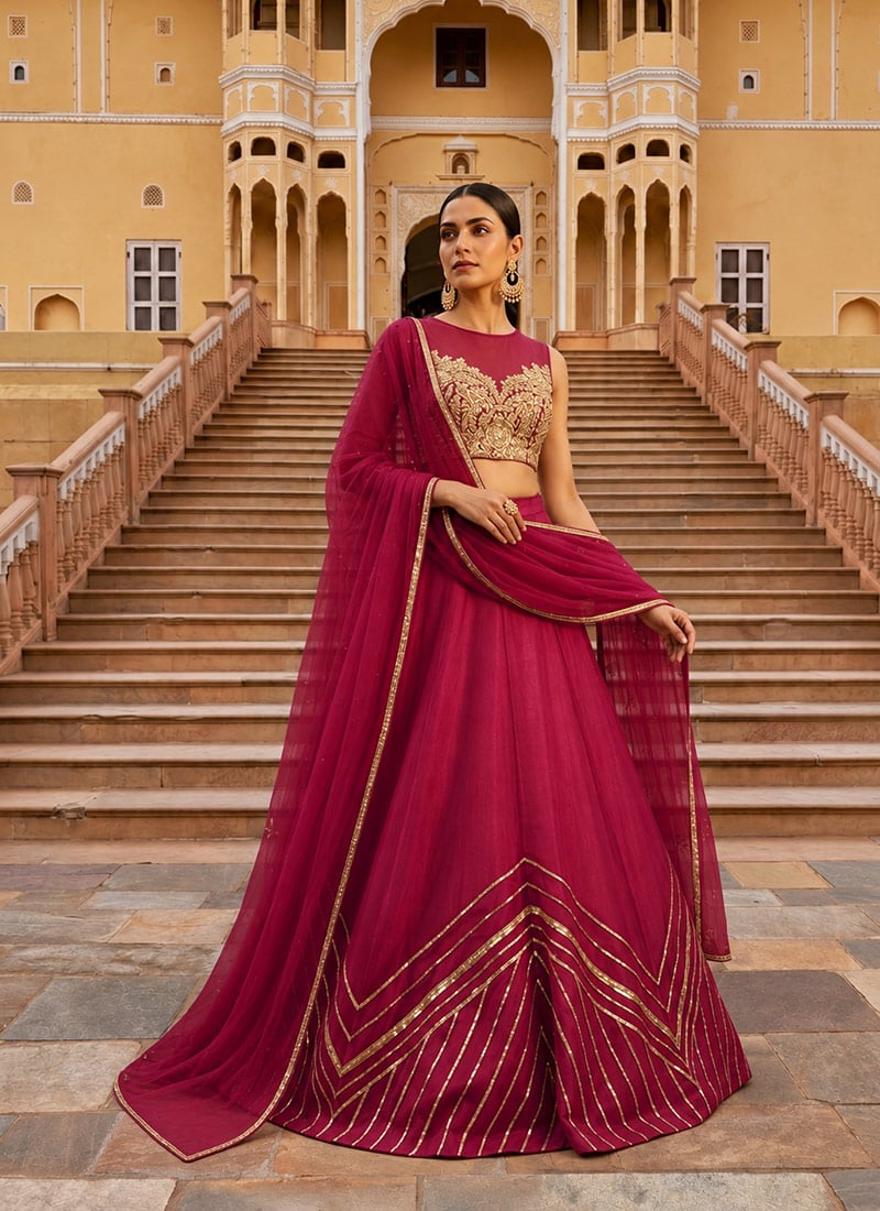 Deep Magenta Organza Cutdana Beads Hand Embroidered Lehenga Festive Wear