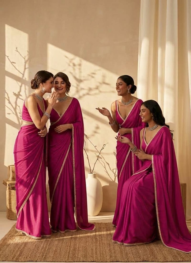 Deep Magenta Pink Satin Border Saree Festive Wear